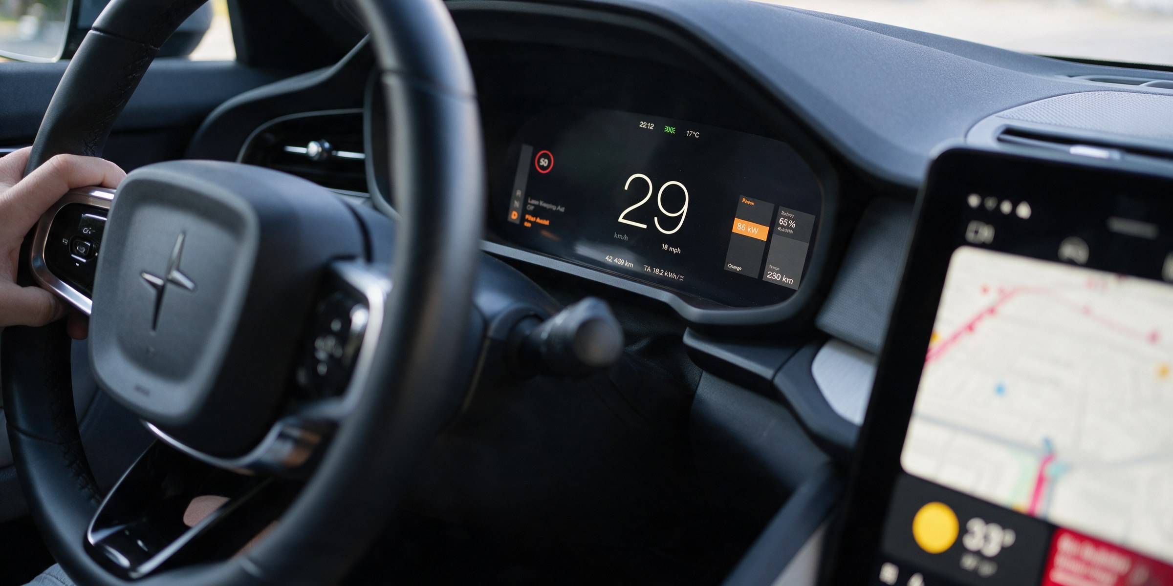 The Polestar 2 driver display with the proposed interface, seen from the cabin