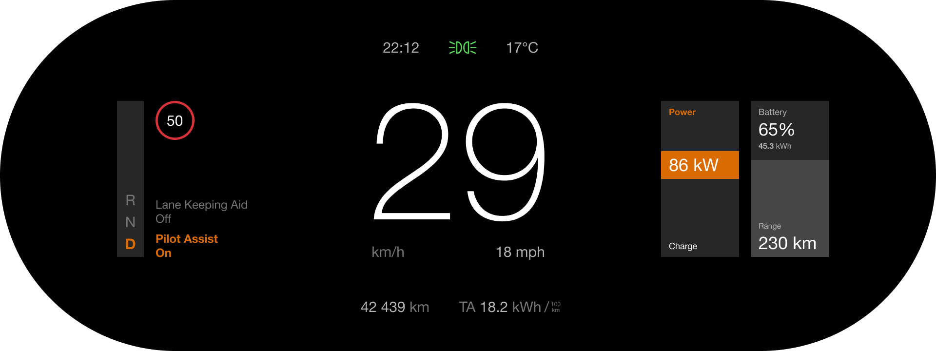 Variant C1: speed in the centre, vertical bars for power and battery