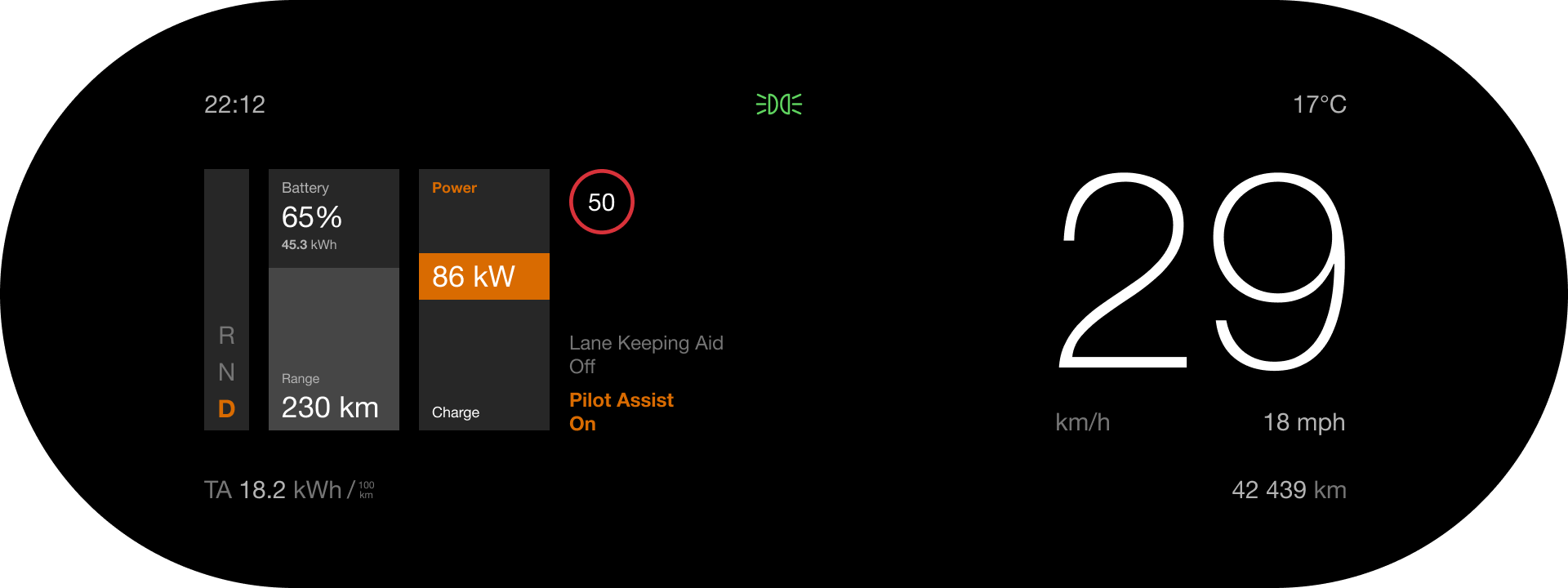 Variant B: controls and energy on the left, large speed on the right