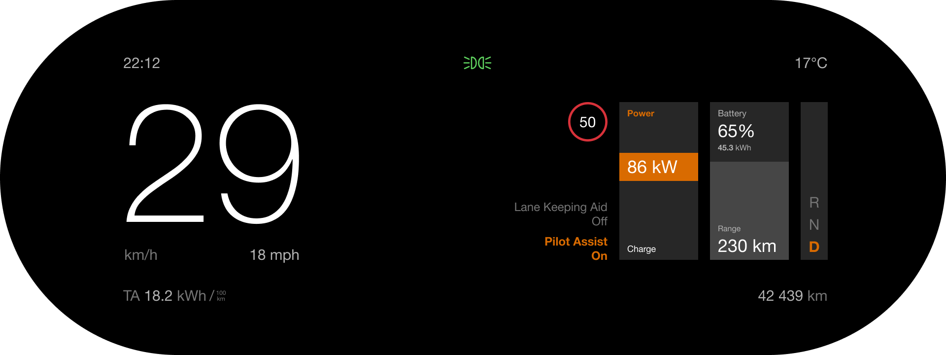 Variant A1: speed on the left, energy blocks and selector on the right