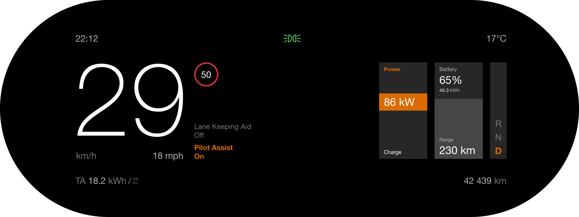 Variant A2: speed on the left, assistance labels right next to it