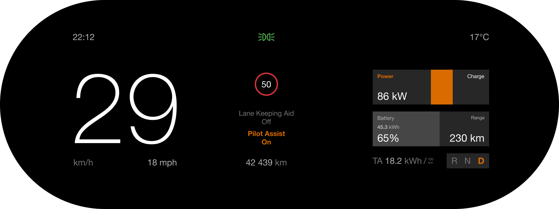 Variant D2: speed on the left, assistance labels in the centre, energy on the right