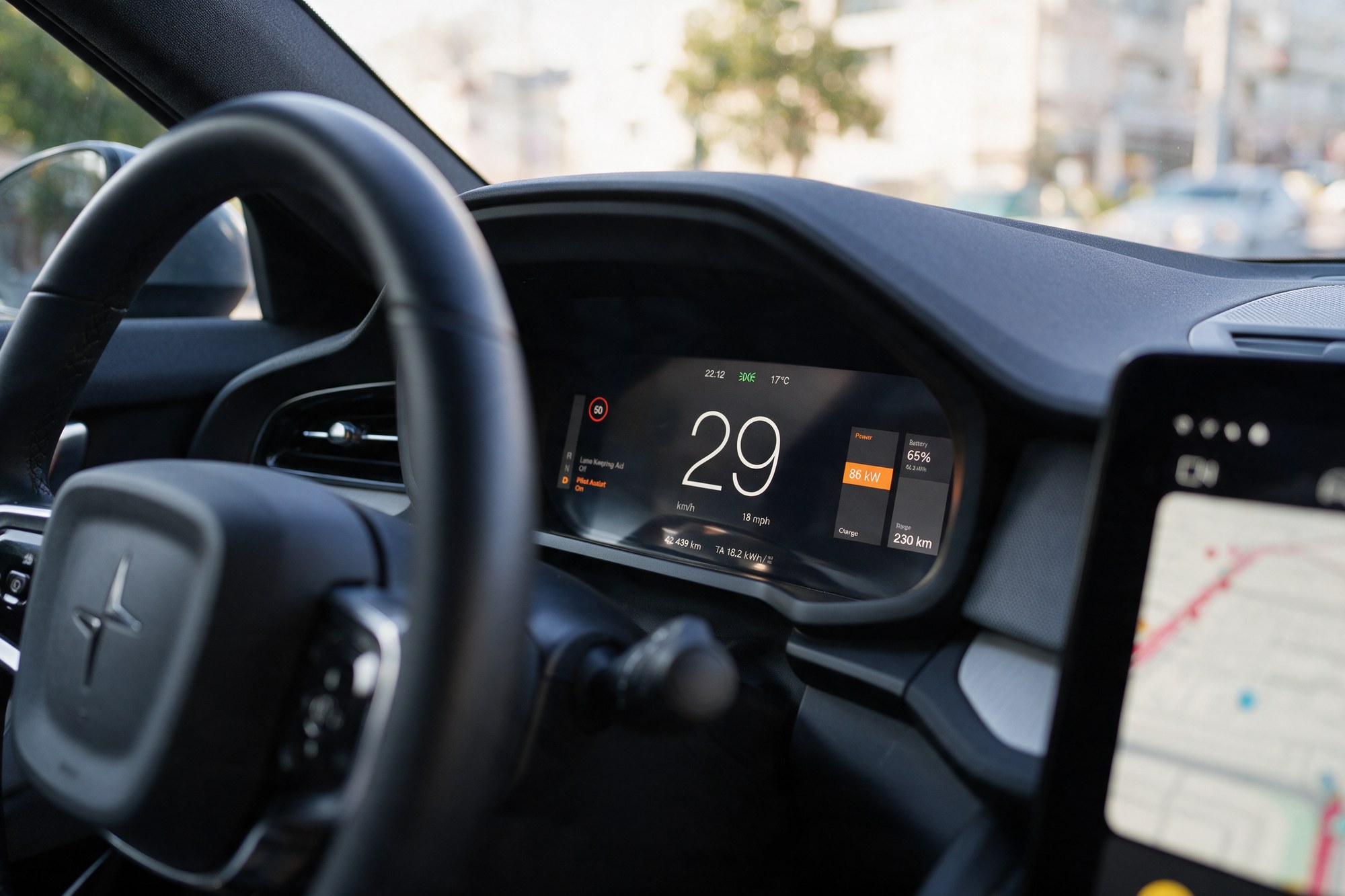 The final version on the driver display, in the Polestar 2 cabin, in daylight