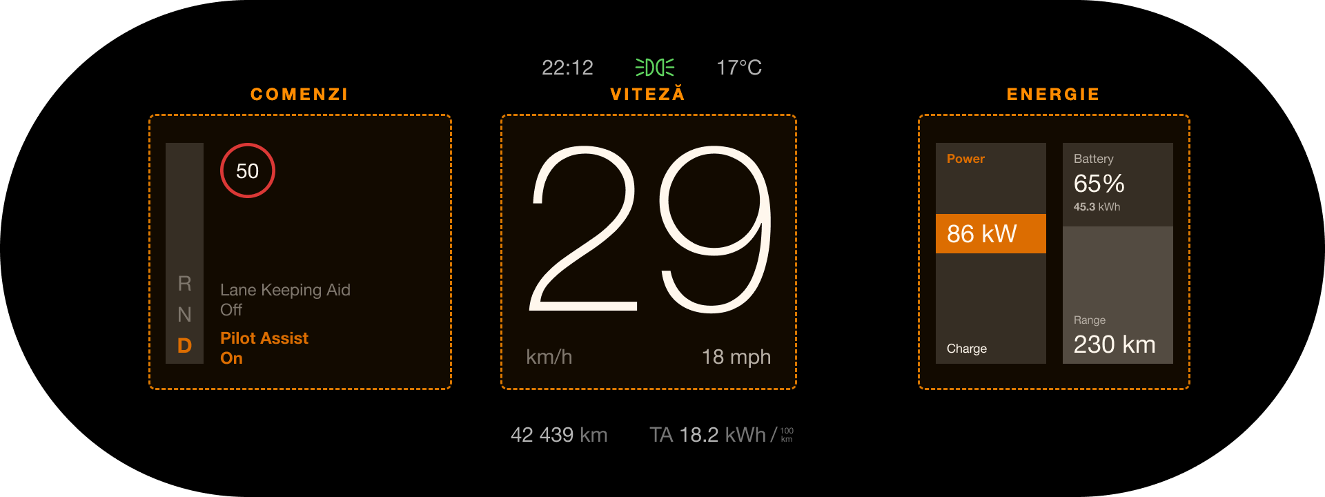 Varianta propusă cu cele trei zone marcate: comenzi, viteză, energie