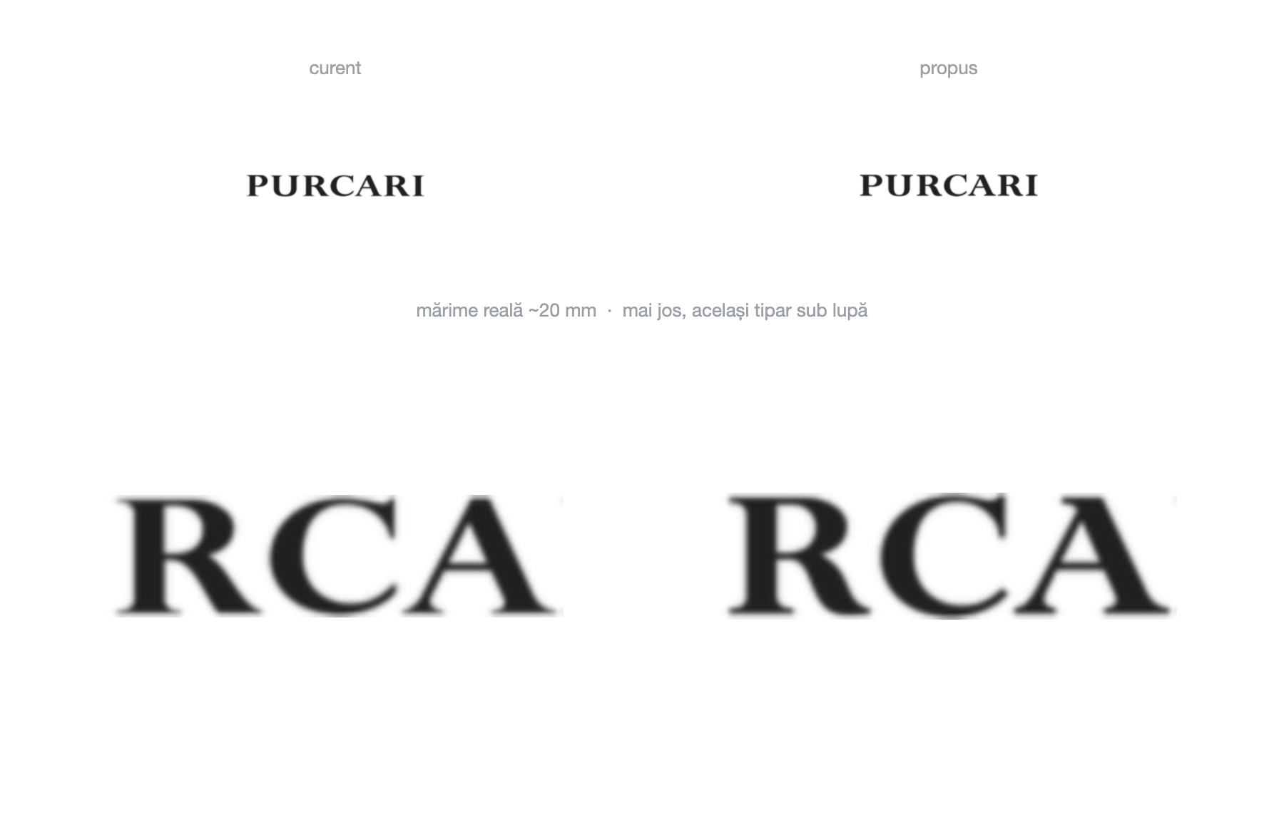 Simulare de tipar la dimensiuni mici - logotipul curent și cel propus, la mărime reală și sub lupă