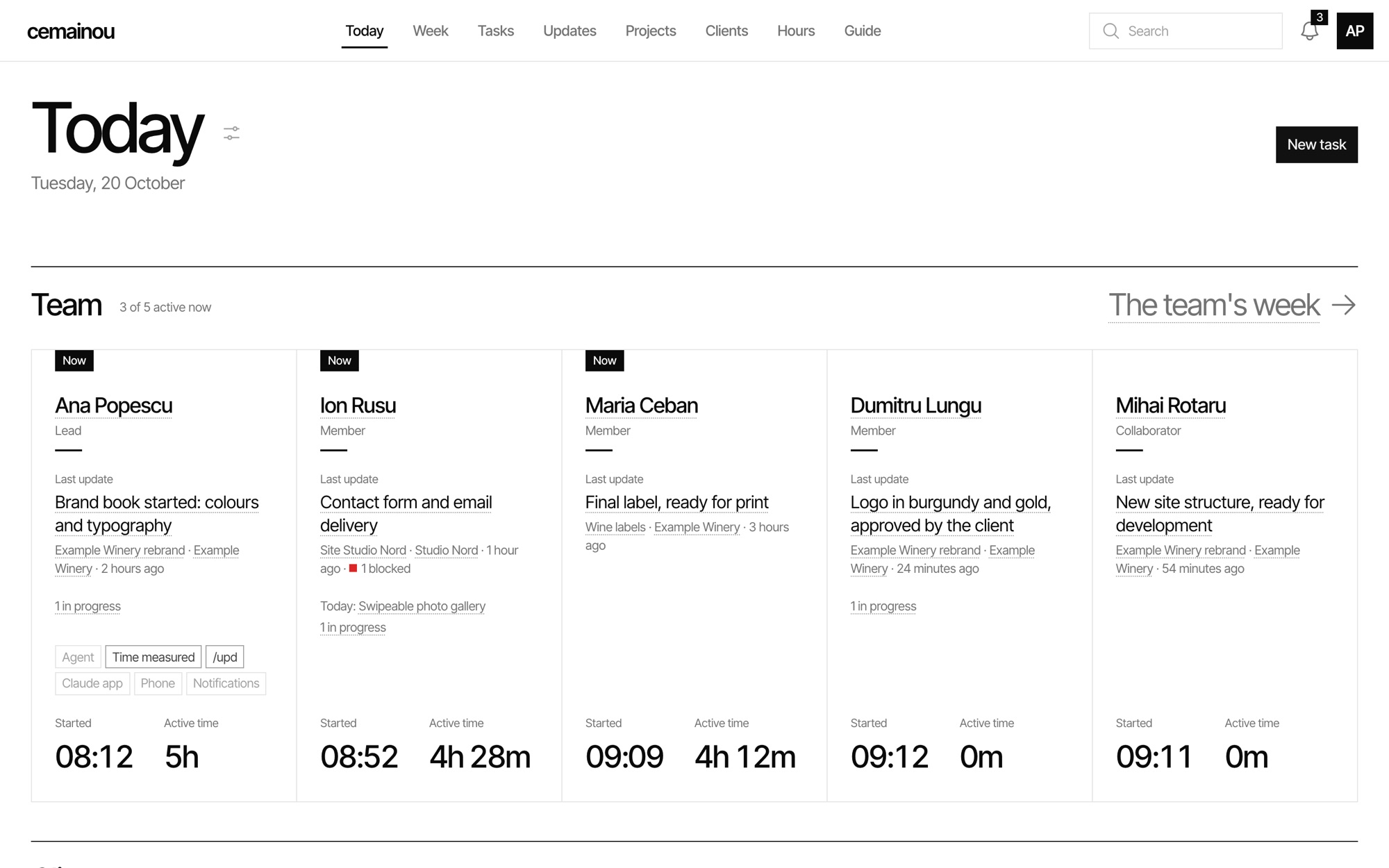 The Today page: the team, who works on what right now and the latest updates