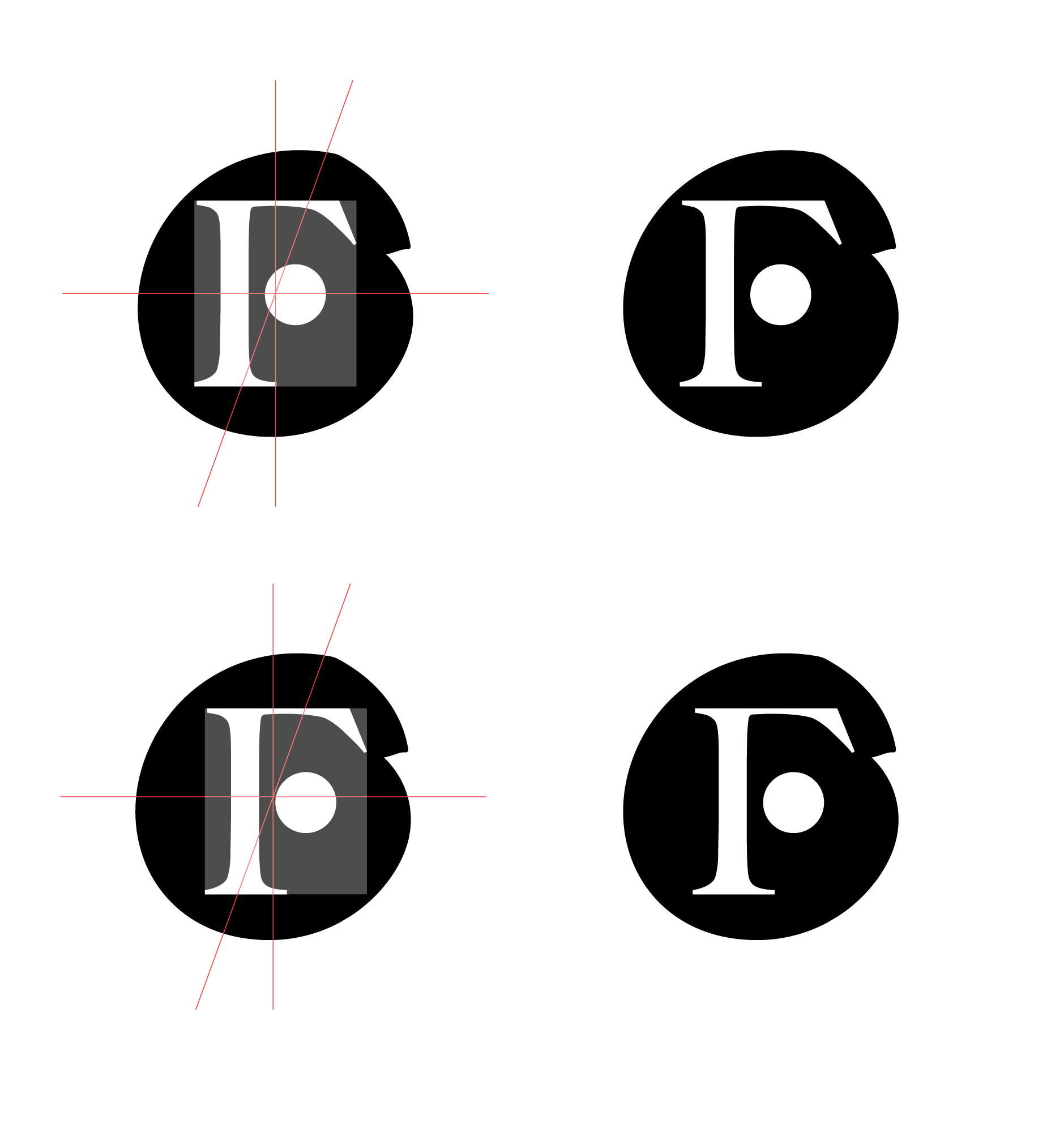 Compararea alinierii geometrice (sus) cu alinierea optică manuală (jos) a F-ului în interiorul sigiliului
